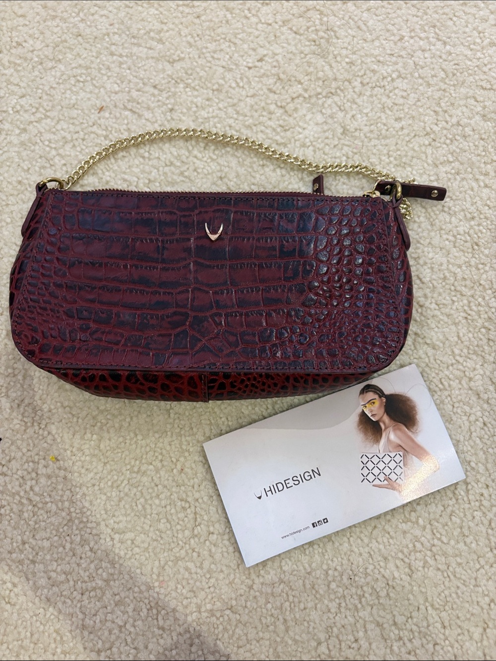 Hidesign Burgundy Croc-Effect Shoulder Bag with Gold Chain Strap